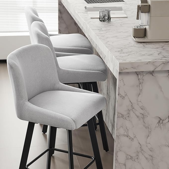 Swivel Bar Stools Set of 3, 29''H Upholstered Barstools with Backs, Modern Counter Height Bar Stool Chairs for Kitchen Island, Metal Legs, Fabric, Light Gray Counter Stools