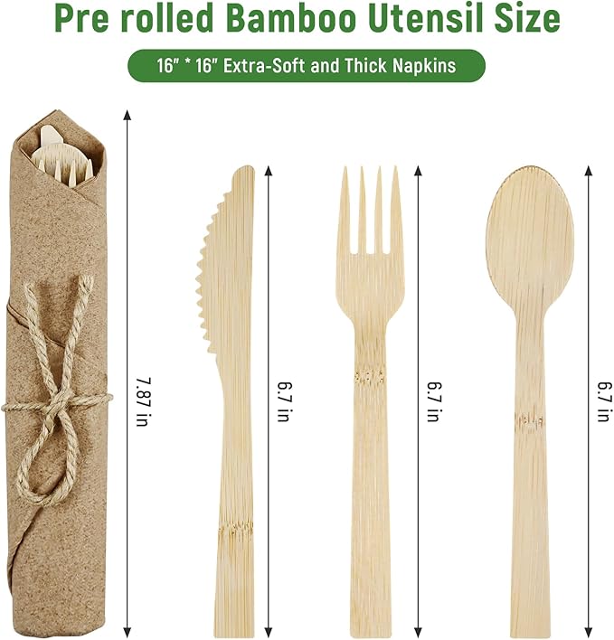 Pre Rolled Napkin and Bamboo Cutlery Set - 100Pack Bamboo Utensils/Compostable Cutlery with Brown Napkins, Biodegradable Wrapped Cutlery for Party, Wedding, Events