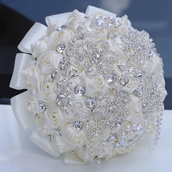 Luxury Brooch Bridal Wedding Bouquet for Bride Bridesmaid Quinceanera with Bling Rhinestones Satin Rose Flower Wedding Bouquet Ivory 8.3in