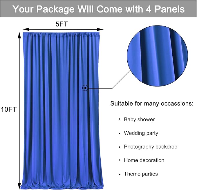 20ft x 10ft Wrinkle Free Royal Blue Backdrop Curtain for Party, Polyester Royal Blue Photo Backdrop Drapes 4 Panels 5x10ft for Birthday Photography Background Weddings Baby Shower Party