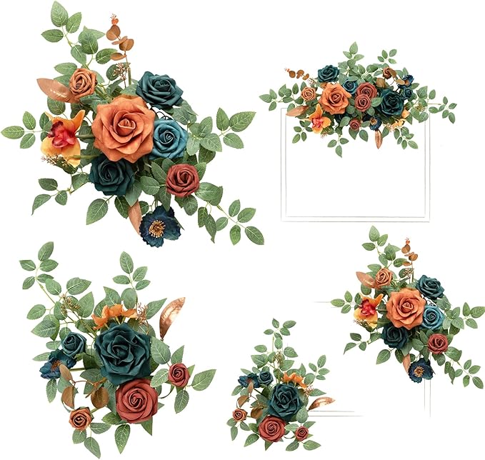Ling's moment 2pcs Fall Wedding Artificial Floral Swag Welcome Sign Flowers Backdrop Garland Teal & Burnt Orange for Ceremony Reception Door Wall Home Decorations Entryway Outdoor Board Table Decor