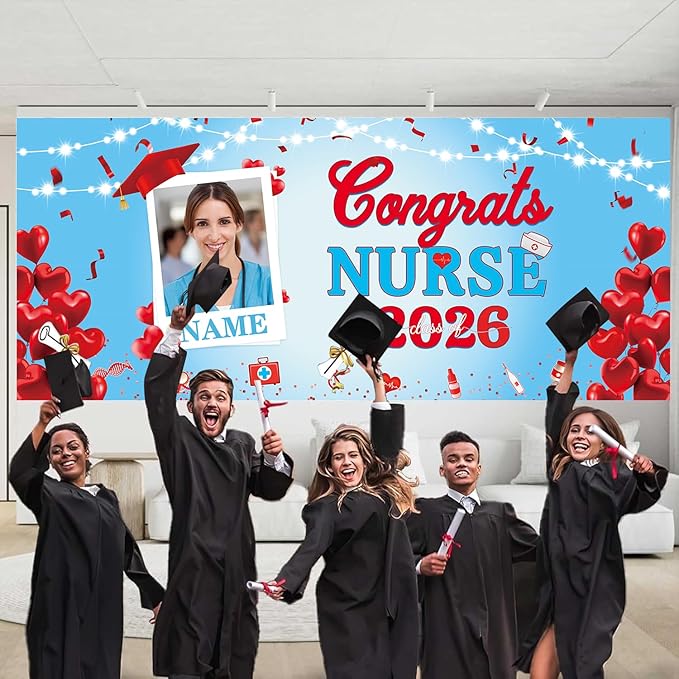 Custom Garaduation Garage Nurse Theme Door Banner Cover 16 x 7 ft Class of 2026 Congrats Grad Party Backdrop Personalized Graduation Decoration(Red and Blue)