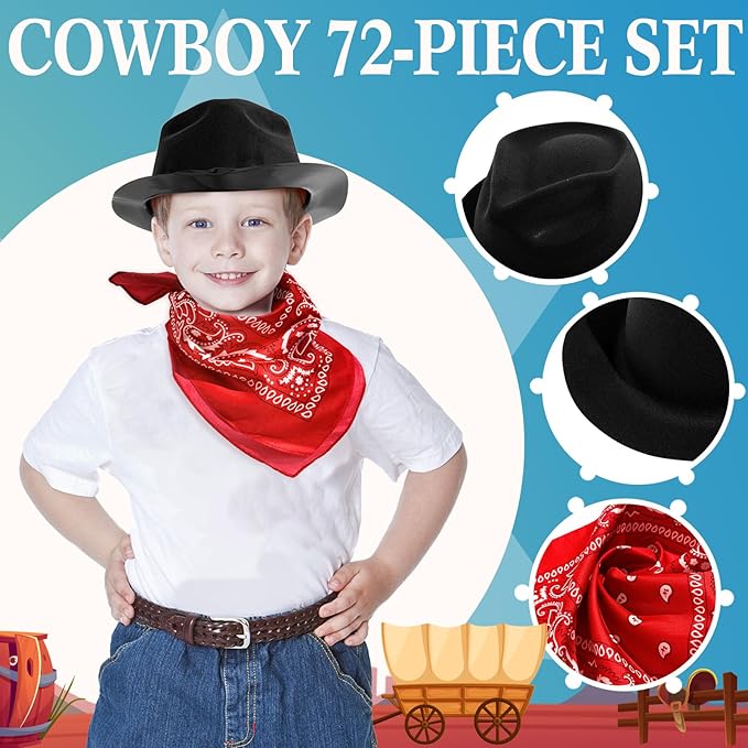 Hillban 72 Pcs Western Cowboy Hat and Paisley Bandana Set for Kids Felt Cowboy Party Hats for Costume Party Favors(Black)
