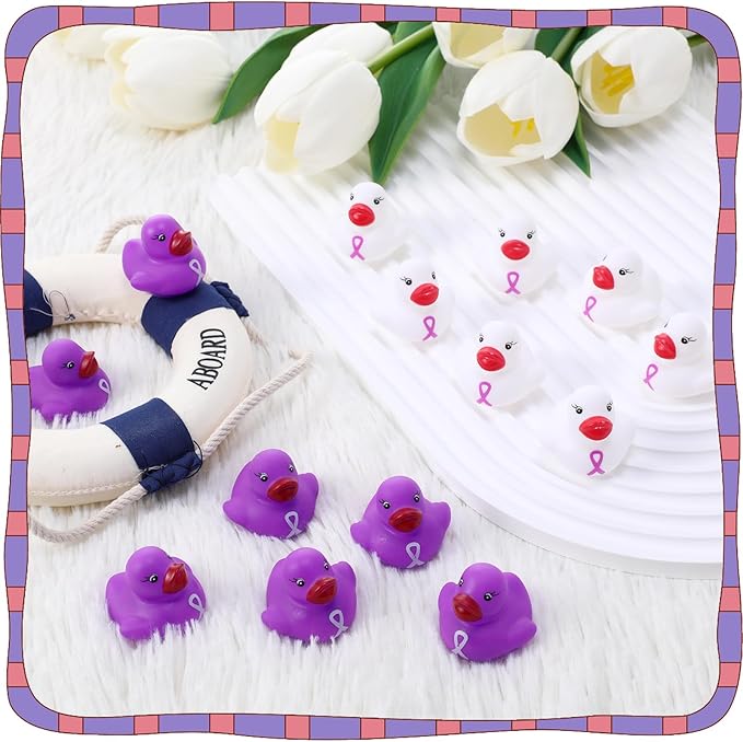 200 Pcs Purple and White Rubber Ducks Cervical Health Alzheimers Awareness Product Domestic Violence Awareness Ribbon Duck Float Mini Bath Toy Bulk Pancreatic Cancer for Charity Event Supplies