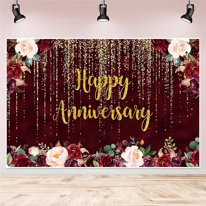 9x6ft Happy Anniversary Backdrop, Gold Glitter Burgundy Wedding Anniversary Photography Background 1st 40th 50th 66th Couple Wedding Women Birthday Floral Party Decorations Cake Table Decor