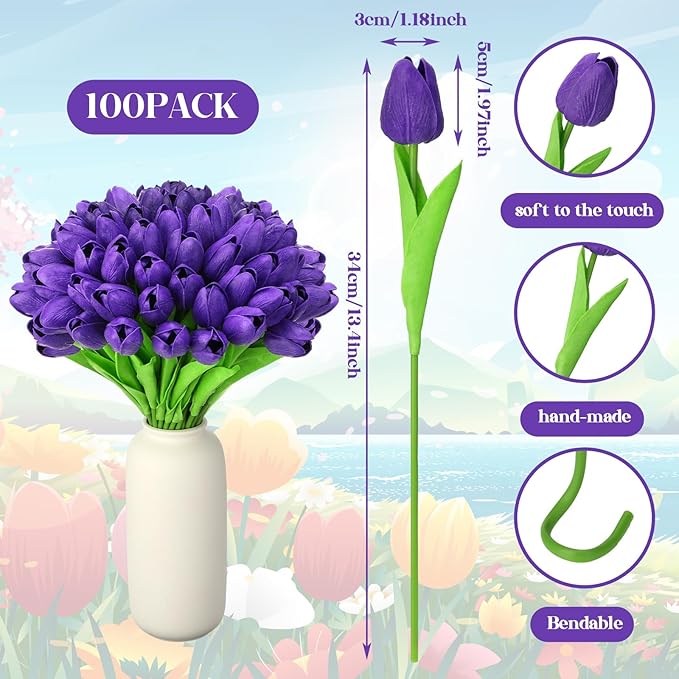 Jexine 100 Pcs Artificial Real Touch Tulips Fake Artificial Tulip Flower Bulk Bouquet with Stem for Table Centerpieces Wedding Bridal Easter Mother's Day Garden Home Decor, 13.4''(Purple)