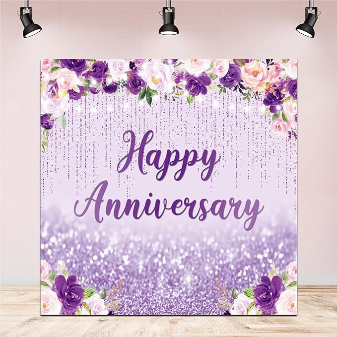 8x8ft Happy Anniversary Backdrop, Floral Glitter Backdrop for Women Wedding Anniversary Decoration Violet and Pink Flowers Photography Background Cake Table Banner Party Decor
