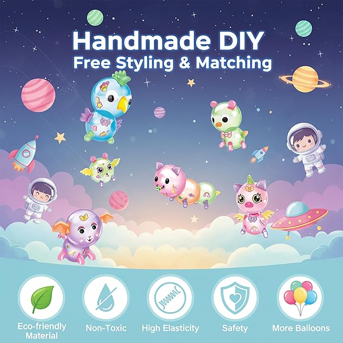 Space Rocket Sticky Balloon with Pump - 219 Pcs DIY Balloon Animals Kit, Creative Sticky Balloon Maker Toy for Kids with Strickers, Accessories, Birthday Gifts for Boys Girls Ages 3+
