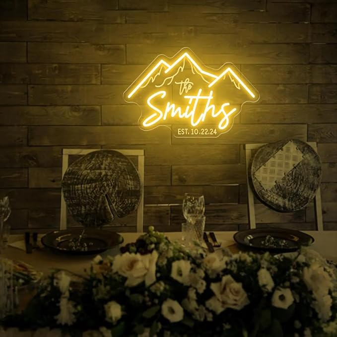 Custom Mountain Theme Wedding Neon Sign Personalized Family Name Established LED Neon Light Wedding Engagement Grass Wall Backdrop Decor Home Wall Décor