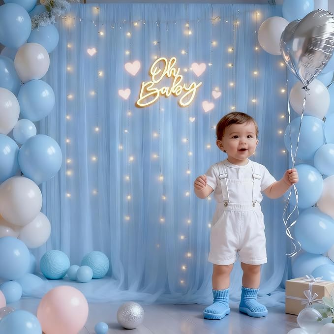 20x10ft Baby Blue Tulle Backdrop Curtain with Lights String for Parites, Sheer Photo Backdrop Curtains with Lights for Wedding Backdrop Ceremony Reception Bridal Shower Baby Shower Birthday Party