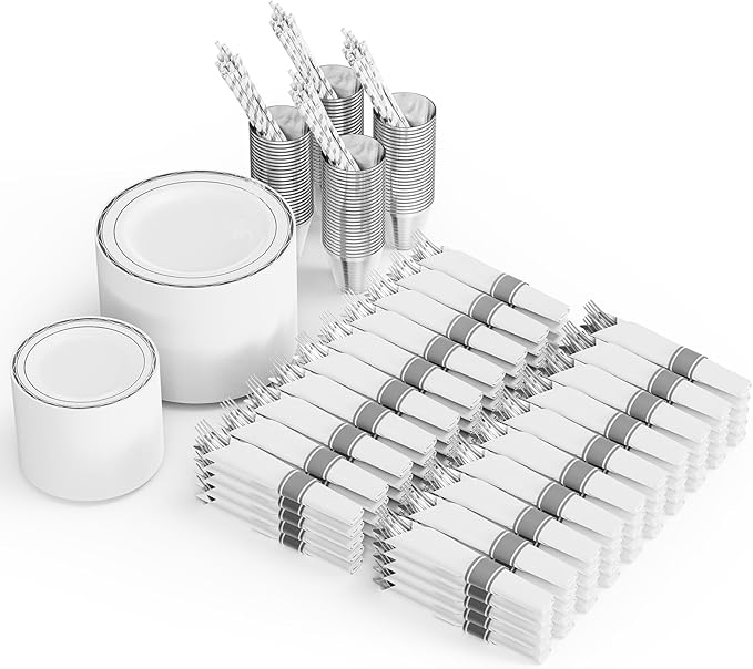 ROVSUN 800-Piece Silver Disposable Dinnerware Set for 100 Guests - Elegant Plastic Plates, Napkins, Silverware, Dessert Plates, Cups, Straws