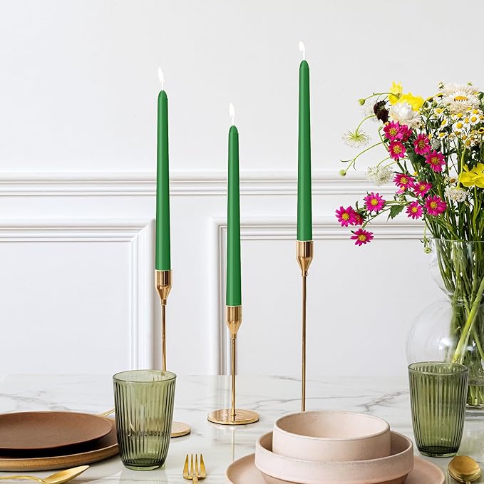 30 Pack Green Taper Candles - 10 inch Dripless, Smokeless, and Unscented - Long Burning for 8 Hours - Hand Poured Tall Candlesticks - Ideal for Special Occasions and Home Decor