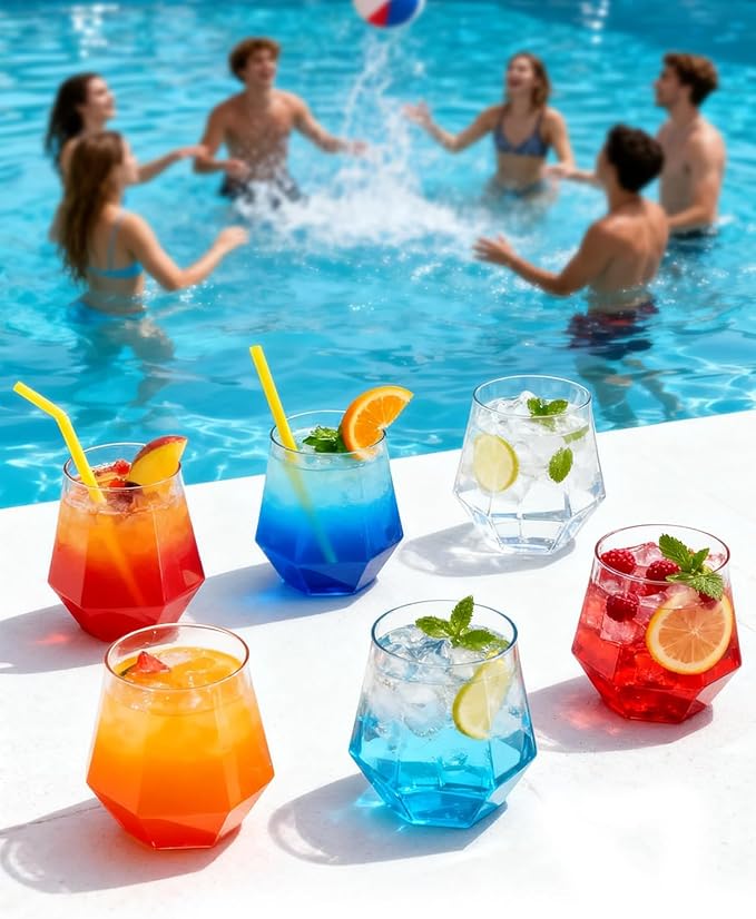 BESTSTAR 40 PCS Clear 12 Oz Plastic Wine Whiskey Glasses, Diamond Stemless Unbreakable Disposable Wine Glasses for Parties, Ideal for Weddings, Christmas, Halloween,Holidays,pool party,Daily Use