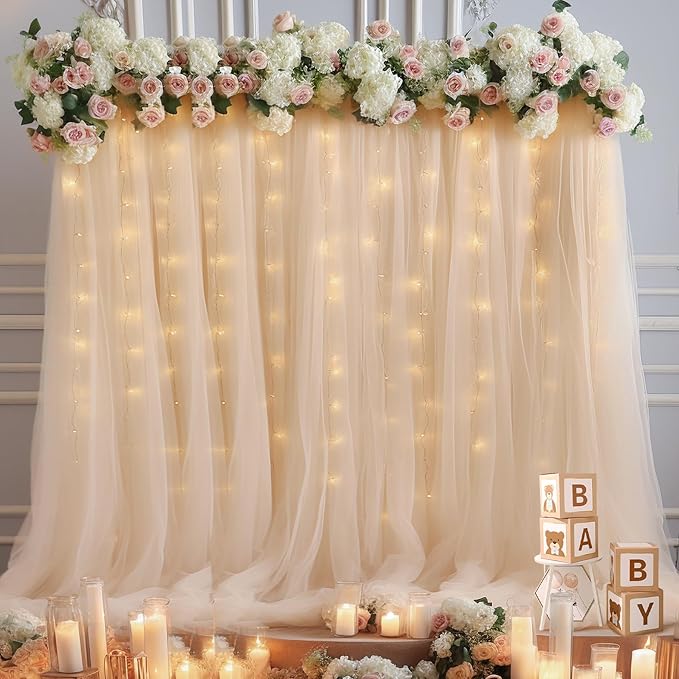 30x10ft Champagne Tulle Backdrop Curtain with Lights String for Parites, Sheer Photo Backdrop Curtains with Lights for Wedding Backdrop Ceremony Reception Bridal Shower Baby Shower Birthday Party