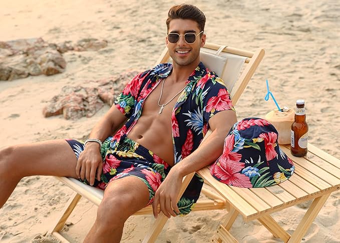 EISHOPEER Men's Flower Hawaiian Sets Casual Short Sleeve Shirt and Shorts Suits Outfits with Bucket Hats