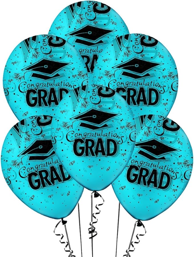 PMU 100 Pcs Turquoise Graduation Balloons Class of 2025 with All-Over Print White Grad Caps-Confetti and Streamers | Graduation Party Supplies | Congratulations Grad Latex Balloons Latex