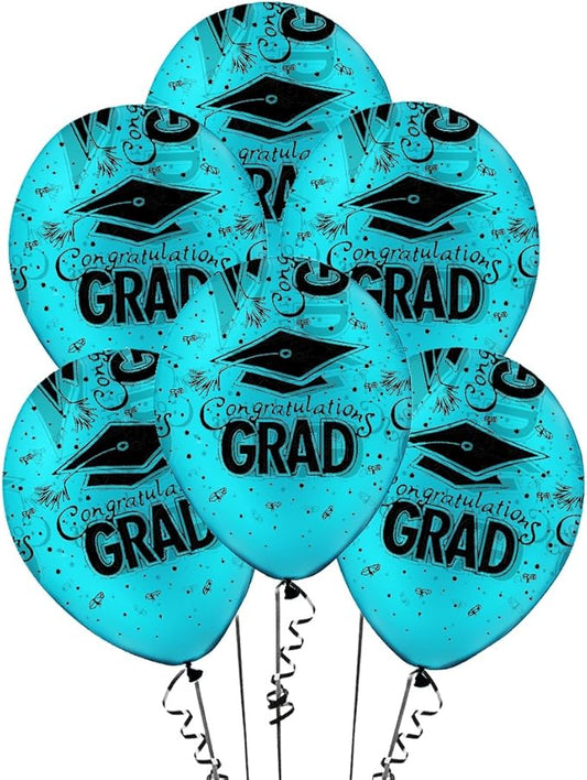 PMU 100 Pcs Turquoise Graduation Balloons Class of 2025 with All-Over Print White Grad Caps-Confetti and Streamers | Graduation Party Supplies | Congratulations Grad Latex Balloons Latex