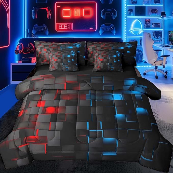Feelyou Red and Blue Bedding Set Twin Size Kids Light Geometric Comforter Set with Sheets 7 Piece Bed in a Bag forModern Bed Set with Comforter,Sheets,Pillowcases,Cushion Covers