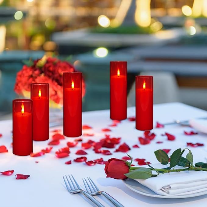 24-Pack Red Acrylic Flameless LED Candles with Remote Control - Realistic Flickering Battery - Operated Candles for Valentine's Day,Home Decor, Weddings, and Parties.