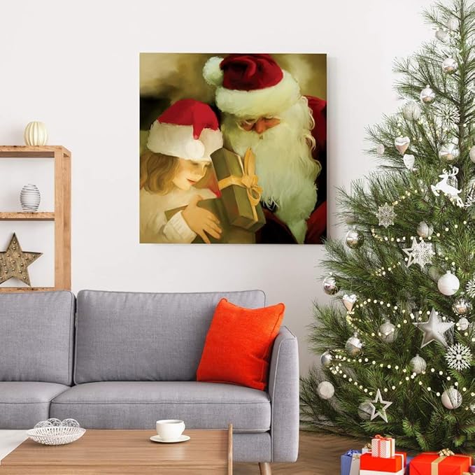 Renditions Gallery A Gift from Santa Wall Art, Little Girl with Present, Winter Artwork, Holiday Decor, Red & White, Premium Gallery Wrapped Canvas, Ready to Hang, 24 in H x 24 in W, Made in America