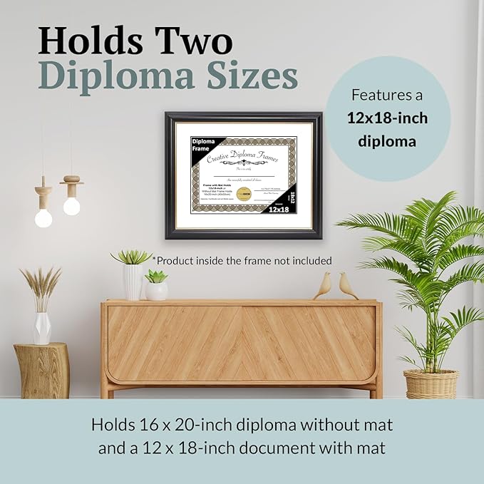Creative Picture Frames 12" x 18" Rockefeller Black with Gold Rim Diploma Frame, Displays 12" x 18" Certificate or 16" x 20" Document without Mat, College Degree Frame, Full-Strength Glass, White Mat