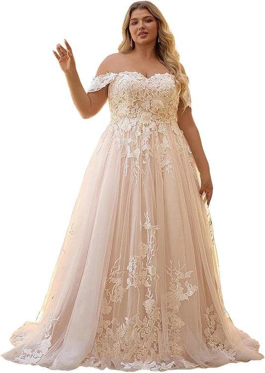 Plus Size Wedding Dresses for Bride Long Sleeve Wedding Bridal Gowns with Lace Appliques Off Shoulder Bride Dress