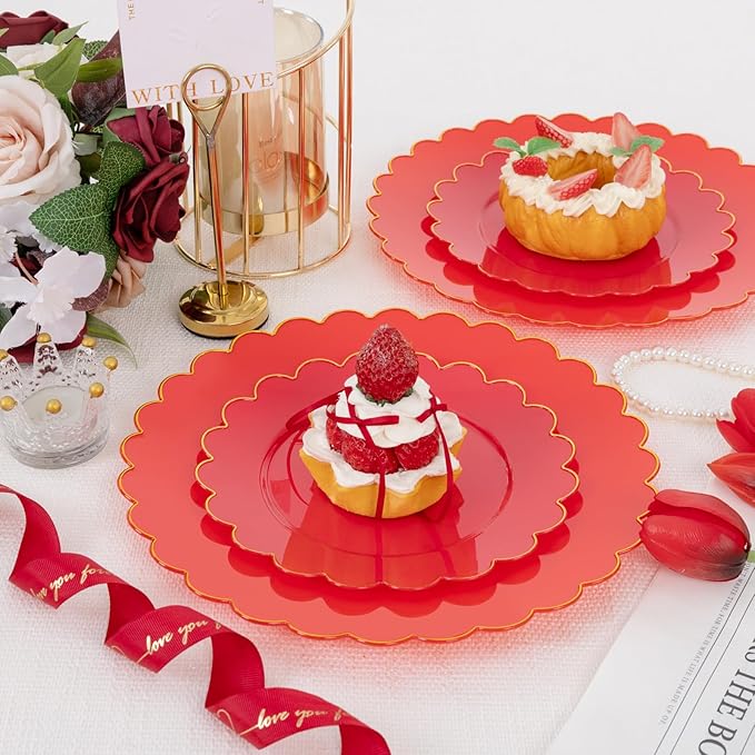 Supernal 100pcs Red Plastic Plates,Fancy Disposable Plates Heavy Duty,Red and Gold Party Supplies Including 10.25’’ Dinner & 7.5’’ Dessert Plastic Plate,Elegant Disposable Plate Suit for Party,Wedding