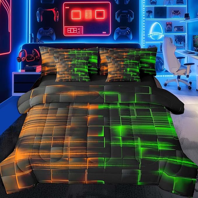 Feelyou Green and Orange Comforter Set with Sheets 7 Piece Full Size Kids Geometric Bed in a Bag Strip Lines Bedding Set Abstract Art Bed Set with Comforter, Sheets,Cushion Covers