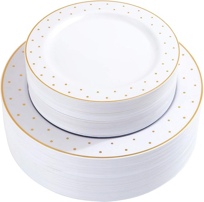 supernal 102pcs Gold Plastic Plates, White Disposable Plates with Gold Point Design, Party Plastic Dinnerware Suit for Wedding-51 Dinner Dishes 10.25" and 51 Dessert Tray 7.25"