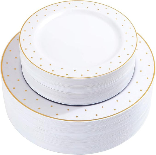 supernal 102pcs Gold Plastic Plates, White Disposable Plates with Gold Point Design, Party Plastic Dinnerware Suit for Wedding-51 Dinner Dishes 10.25" and 51 Dessert Tray 7.25"