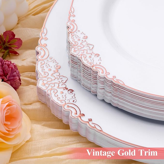 100 PCS White and Rose Gold Plastic Plates for 50 Guests, Rose Gold Disposable Plates Include 50 PCS Dinner Plates, 50 PCS Dessert Plates for Party, Wedding and Baby Shower