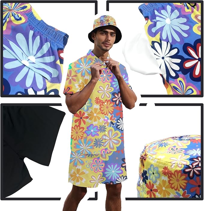 Men's Hawaiian Shirt and Shorts Set 2 Piece Beach Outfits with Bucket Hats for Beach Days and Summer Vibes