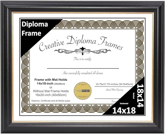 Creative Picture Frames 14" x 18" Rockefeller Black with Gold Rim Diploma Frame, Displays 14" x 18" Certificate or 16" x 20" Document without Mat, College Degree Frame, Full-Strength Glass, White Mat