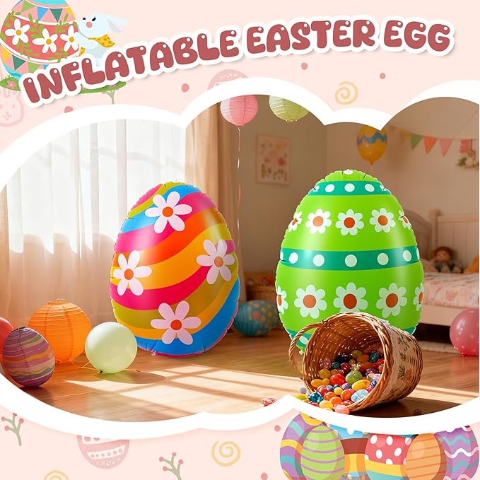 Liliful 2 Pcs 40inch Giant Easter Inflatables PVC Decorations Standing Blow up Colorful Easter Egg Rabbit Bunny Outdoor Decor for Holiday Party Yard Indoor Outdoor Garden Lawn(Daisy Stripe)