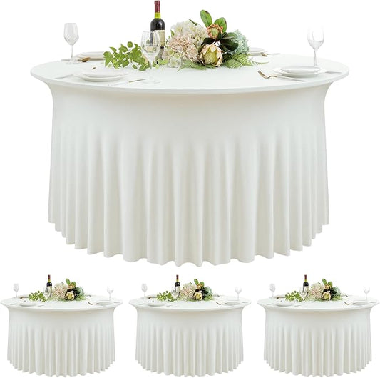 4 pk Ivory Spandex Round Tablecloths for 60 inch Table, Wrinkle Free 120inch Stretchy Fitted 5FT Round Table Cloths Cover with Skirt for Wedding Party Dining Banquet