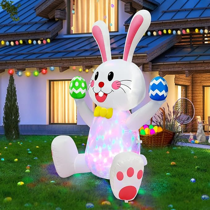 TURNMEON 4FT Rotating Colorful LED Easter Inflatable Bunny Blow up Yard Decorations with Built-in Fan, Waterproof Outdoor Indoor Easter Decor for Garden, Lawn Party, Includes Ground Stakes & Sandbags