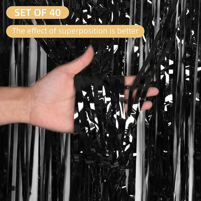40 Pack Black Foil Curtain Backdrop Metallic Tinsel Foil Fringe Curtains Photo Booth Props for Birthday Party Decoration Christmas Holiday Halloween New Year Party Supply