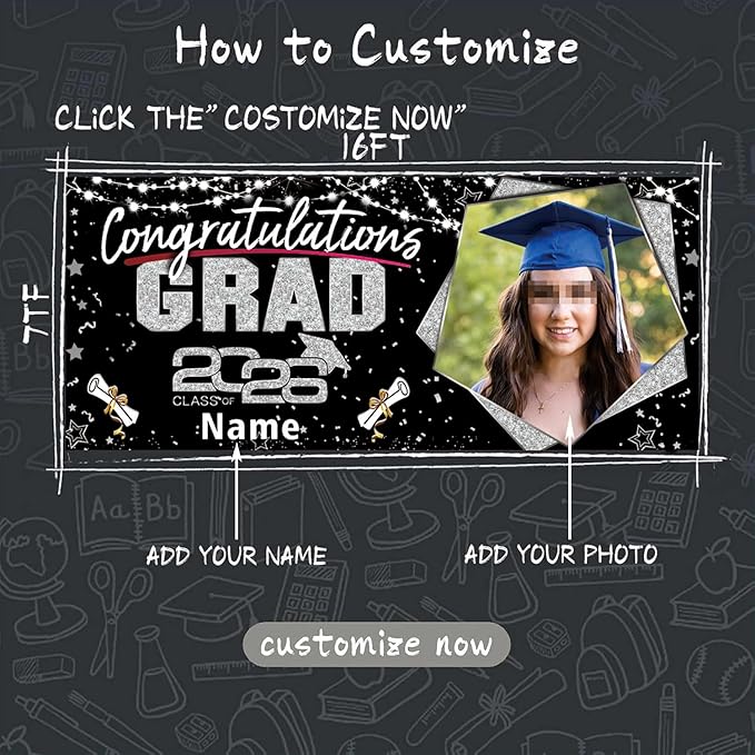 Custom Garaduation Garage Door Banner Cover 16 x 7 ft Class of 2026 Congrats Grad Party Backdrop Personalized Graduation Decoration(Black and Silve)