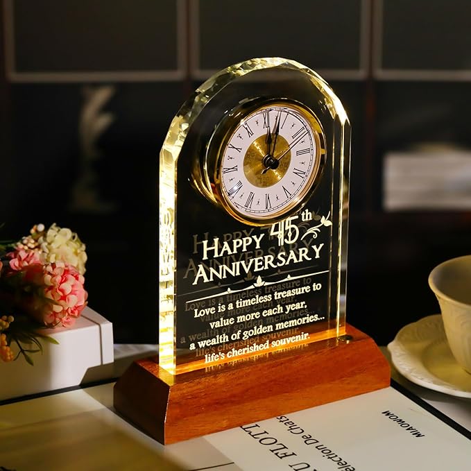 YWHL 45th Wedding Anniversary Clock Gifts for Parents Granddaughters, 45 Years for Couples, Glass Clock Presents with Wooden Light Base for Home Decoration (Battery not Included)