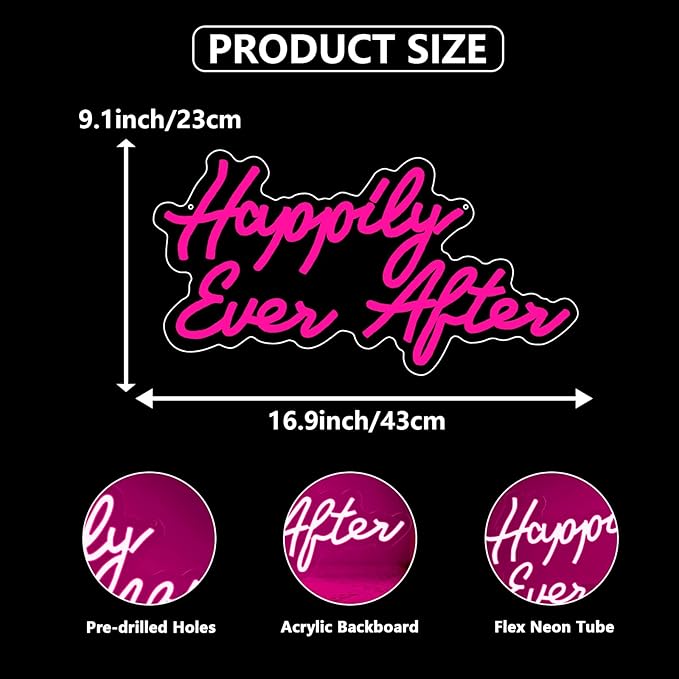 Happily Ever After LED Neon Light Sign, Wedding Neon Led Lights for Bachelorette Bridal Engagement Party Decoration Bridal Shower Wall Decor Signs Valentine's Day Dimmable USB Powered(16.9"*9.1")