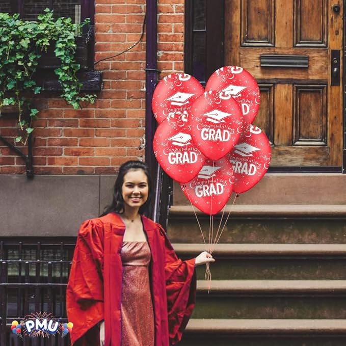 PMU 100 Pcs Red Graduation Balloons Class of 2025 with All-Over Print White Grad Caps-Confetti and Streamers | Graduation Party Supplies | Congratulations Grad Latex Balloons Latex