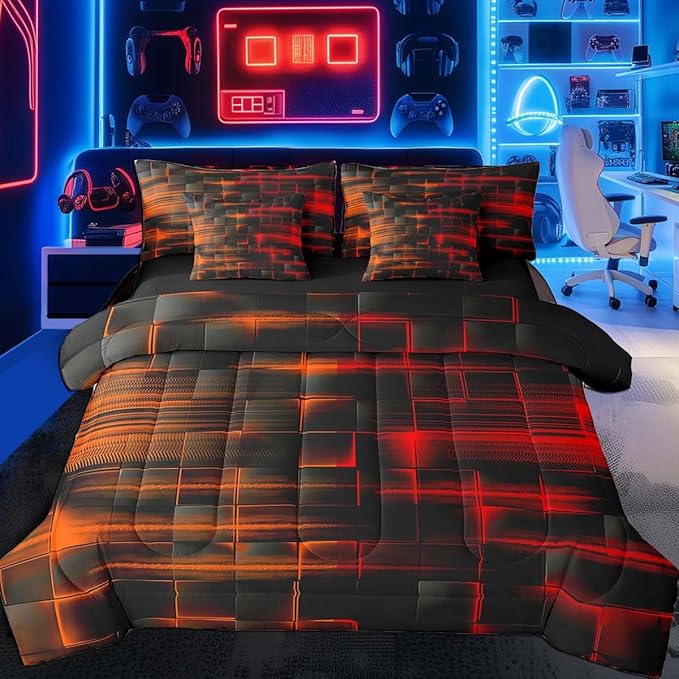 Feelyou Red and Orange Comforter Set with Sheets 7 Piece Full Size Kids Geometric Bed in a BagStrip Lines Bedding Set Abstract Art Bed Set with Comforter, Sheets,Pillowcases,Cushion Covers