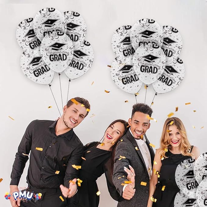 PMU 100 Pcs Crystal Clear Graduation Balloons Class of 2025 with All-Over Print White Grad Caps-Confetti and Streamers | Graduation Party Supplies | Congratulations Grad Latex Balloons Latex