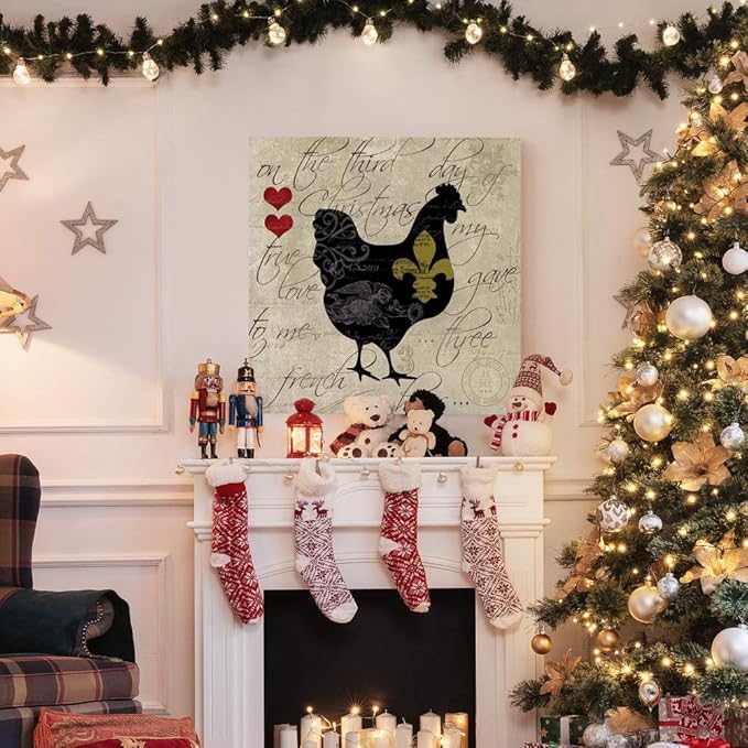 Renditions Gallery Twelve Days of Christmas Wall Art, Three French Hens, Cute Winter Artwork, Holiday Song Decor, Premium Gallery Wrapped Canvas, Ready to Hang, 32 in H x 32 in W, Made in America