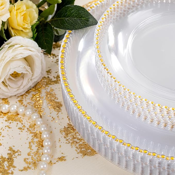 Rubtlamp 60Pcs Clear Gold Plastic Plates, Clear Disposable Plates With Gold Beaded, Heavyduty Plastic Plates Include 30 Dessert Platos, 30 Dinner Platos for Wedding Party