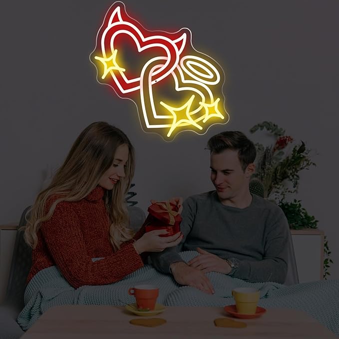 Angel and Devil Heart Neon Sign - 5-Level Dimmable USB Valentine's Day Decor & Heart Neon Signs, Ideal for Weddings, Parties, Shop Walls, Cute Bedroom Wall Art