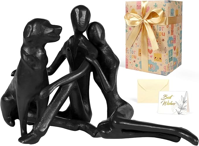 Sweet Couple & Dog Statue Cast Iron Sculpture Decor, Wedding Anniversary Love Gifts for Couple Women Men Wife Husband Her Him Girlfriend Boyfriend, Valentines Gifts for Her Wife Him