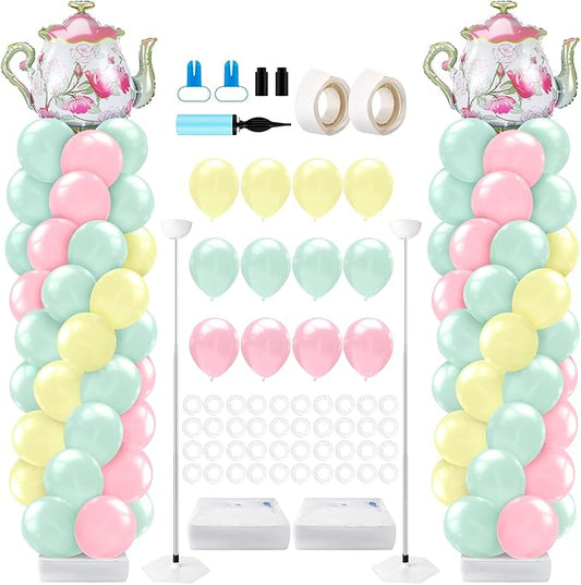 Kasyat 2 Set Tea Party Balloon Column Stand Kit with Adjustable Pastel Foil Balloon Arch Tea Party Decor for Spring Bridal Shower Wedding Baby Shower Teapot Birthday Decorations