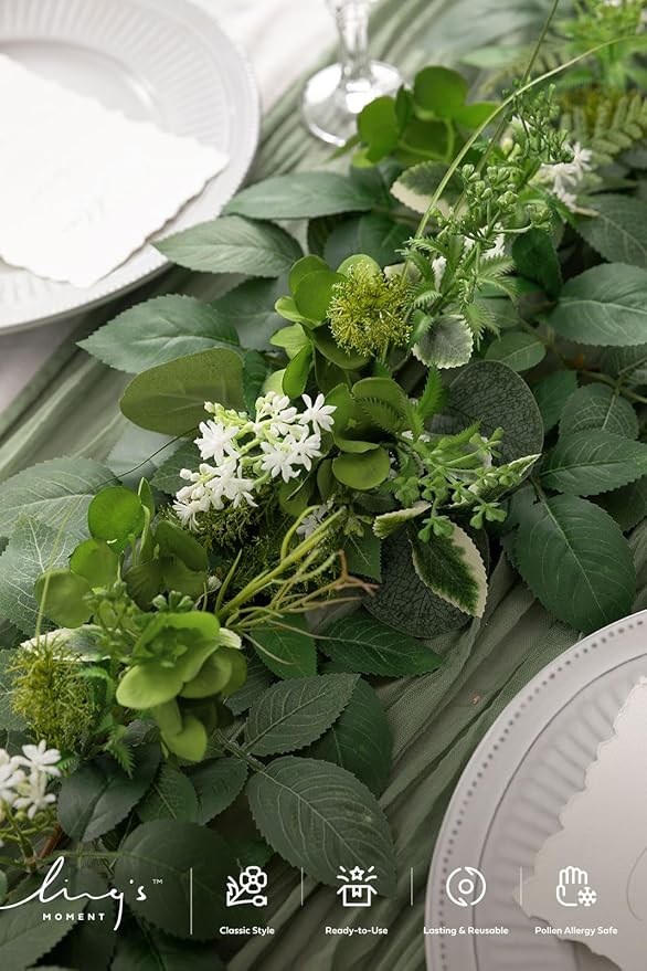 Ling's Moment 5FT Sage & Green Artificial Flower Garland Fake Rose Eucalyptus Garland Arch Flowers Vine for Wedding Party Backdrop Home Table Centerpieces Decorations