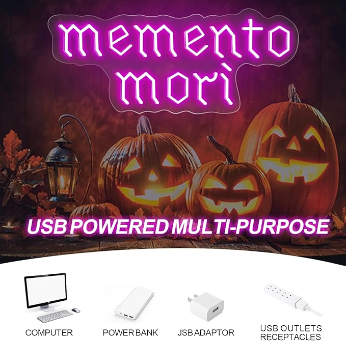 Memento Mori Neon Sign, Purple Stoic Wall Art, Gothic LED Light, Creepy Halloween Decor, Gothic Decoration, Satanic Witch Decor, 16.5"x6.7"